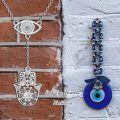 wholesale 925 Sterling Silver Metal Evil Eye Hamsa Hand Necklace with Blue Crystal and Flower Design-0-1