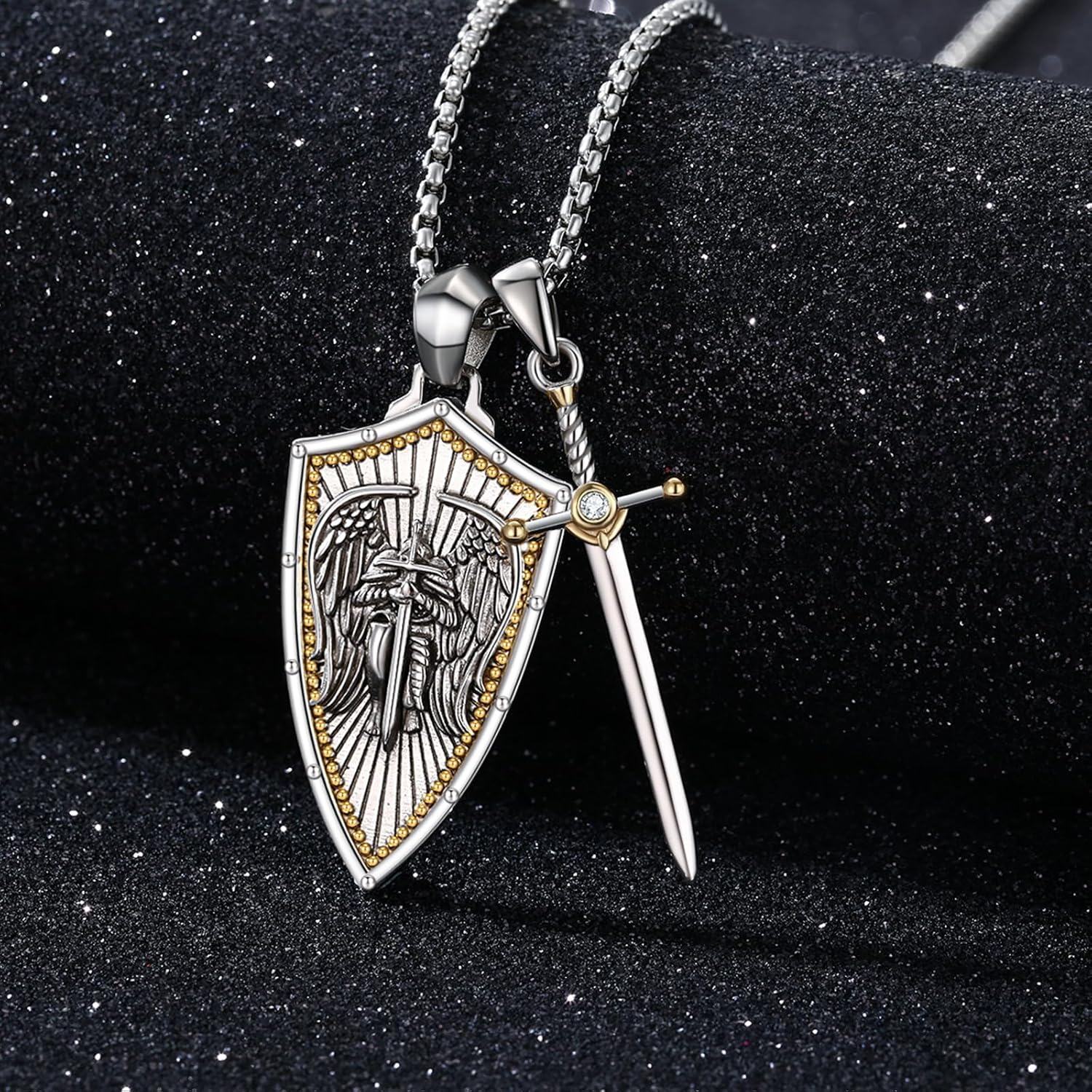 wholesale 925 Sterling Silver Metal Stone Saint Michael Christopher Judas Benedict Joseph Jude Sword Shield Pendant Necklace for Men Religious Talisman Amulet Gift-0-1
