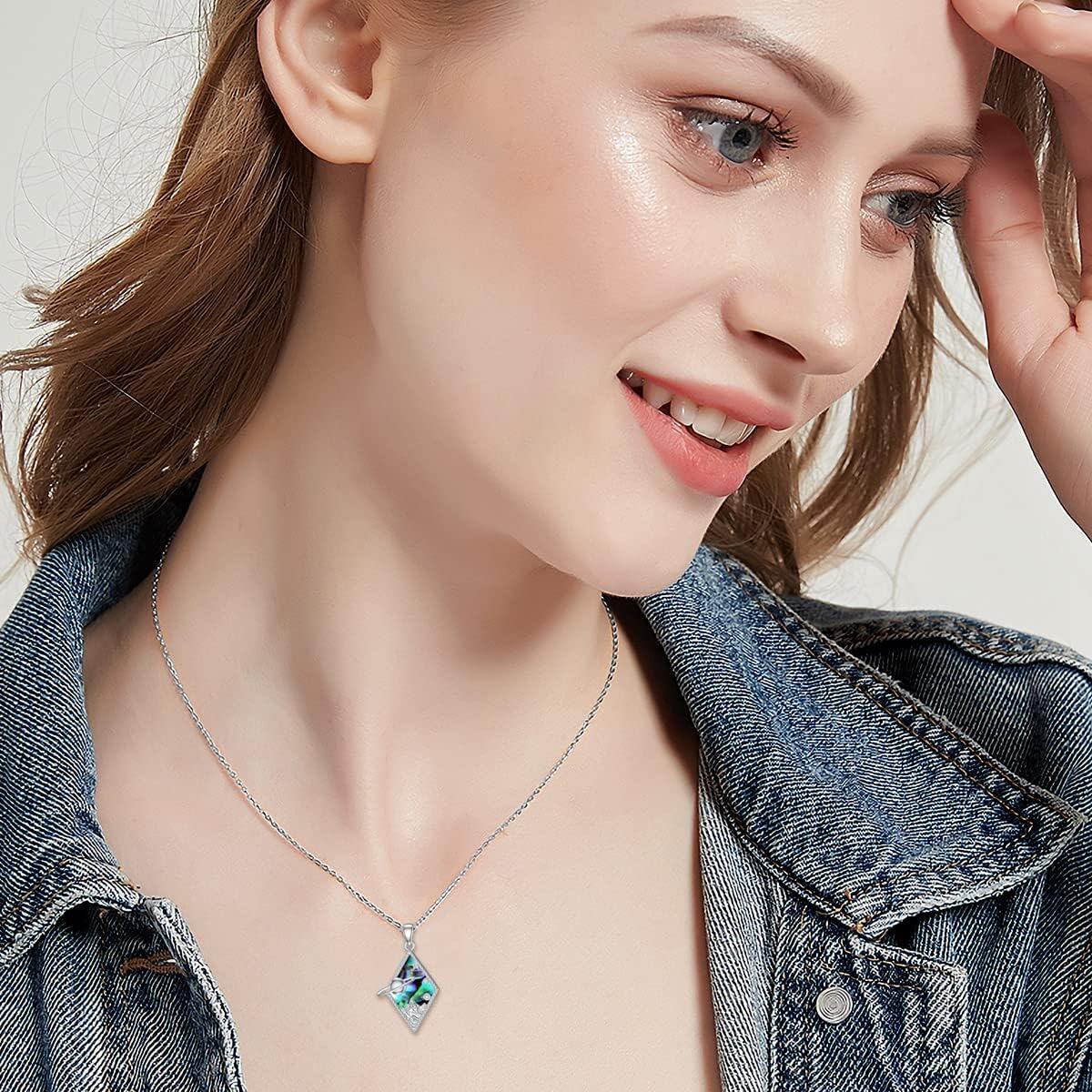 925 Sterling Silver Rotatable Abalone Shell Mountain Pendant Necklace for Women Hikers and Campers-0-1
