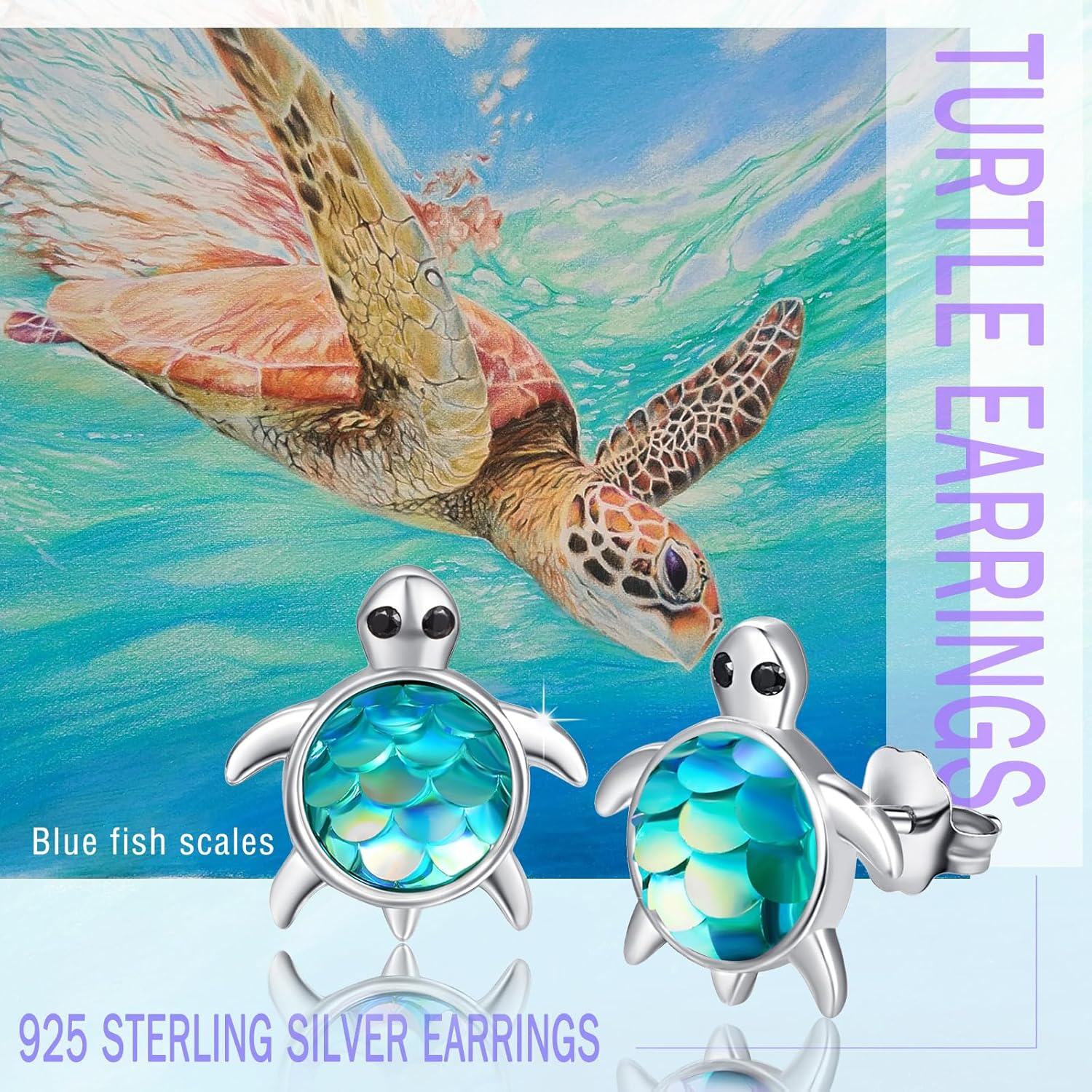 Sterling Silver Mermaid Scale Cute Turtle Stud Earrings Ocean Theme-0-3