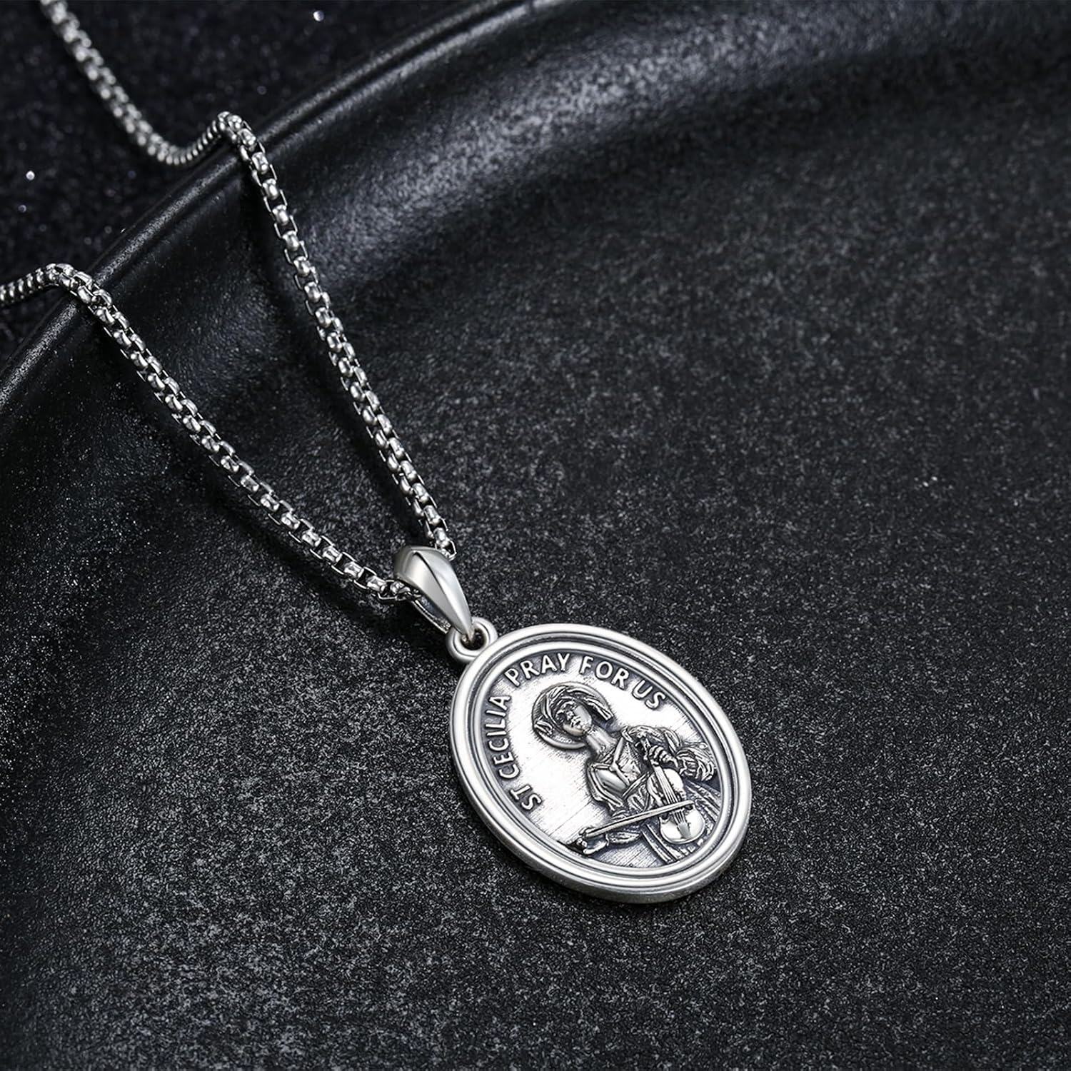 925 Sterling Silver St Cecilia Oval Medal Prayer Jewelry for Women Girls Christian Gift-0-1