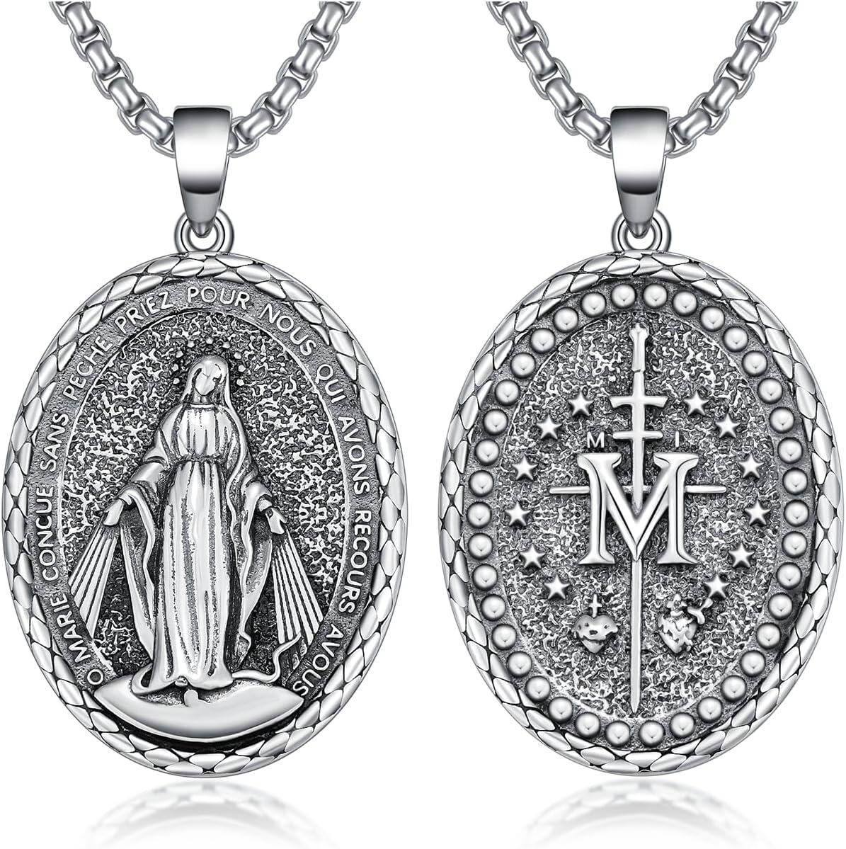 Sterling Silver Stone Patron Saint Necklace Amulet Jewelry Gift for Men Women-B13-Virgin Mary Non-personalized
