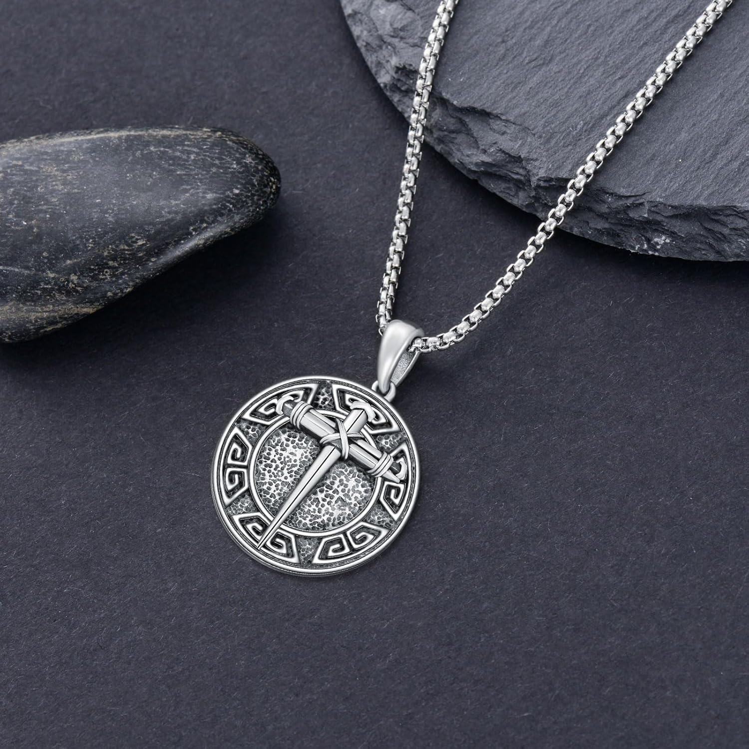 wholesale 925 Sterling Silver Round Turquoise Stone Cross Pendant Necklaces for Men 24+2 Chain-0-2