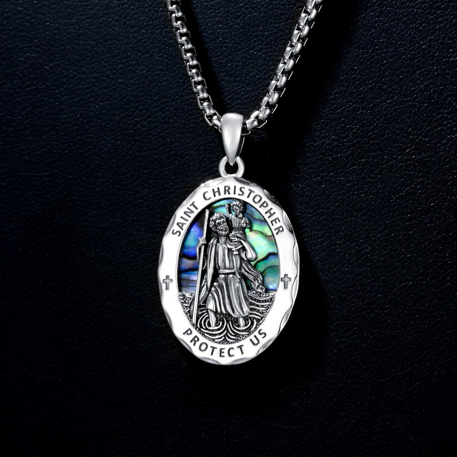 wholesale 925 Sterling Silver Oval St Christopher Protect Us Medal w/ Abalone Shell & Chain-0-3