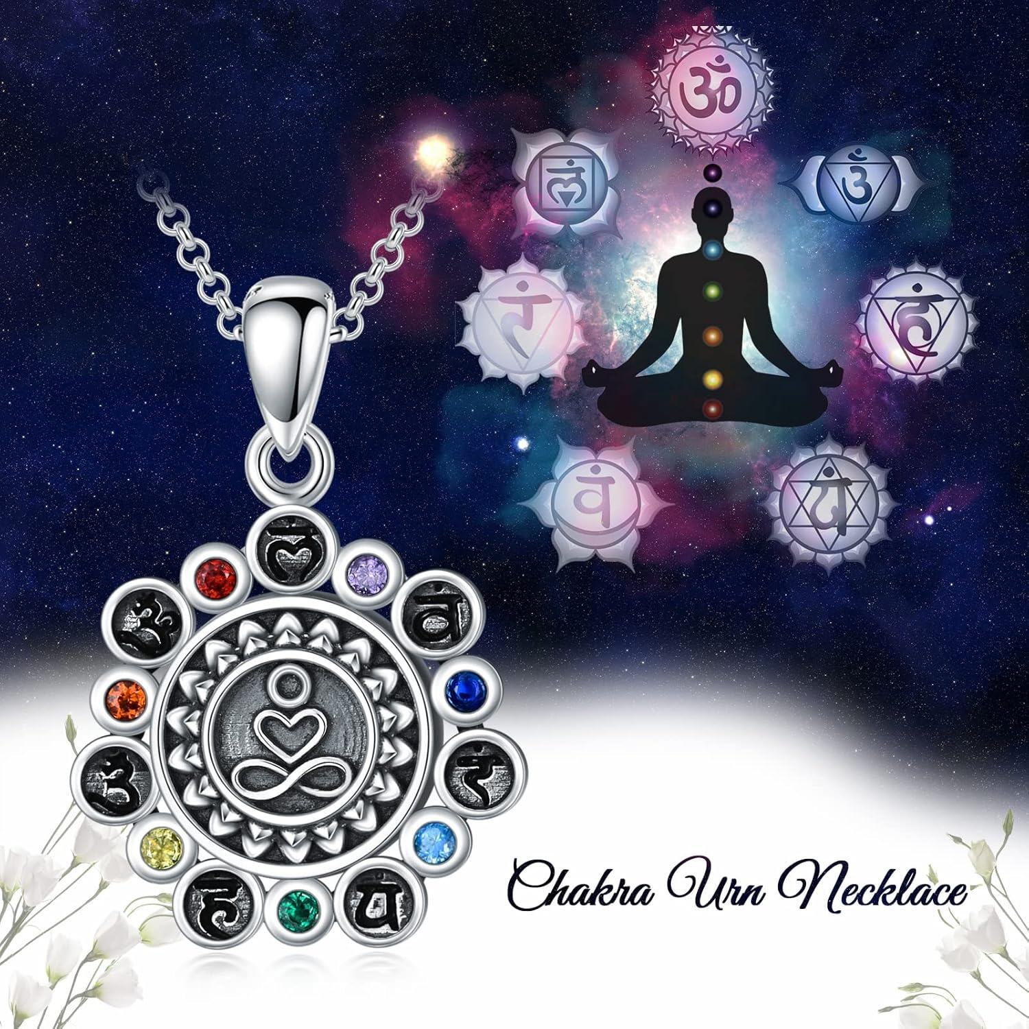 925 Sterling Silver Multi-Color Crystal Chakra Urn Pendant Necklace for Ashes Keepsake Jewelry-0-4