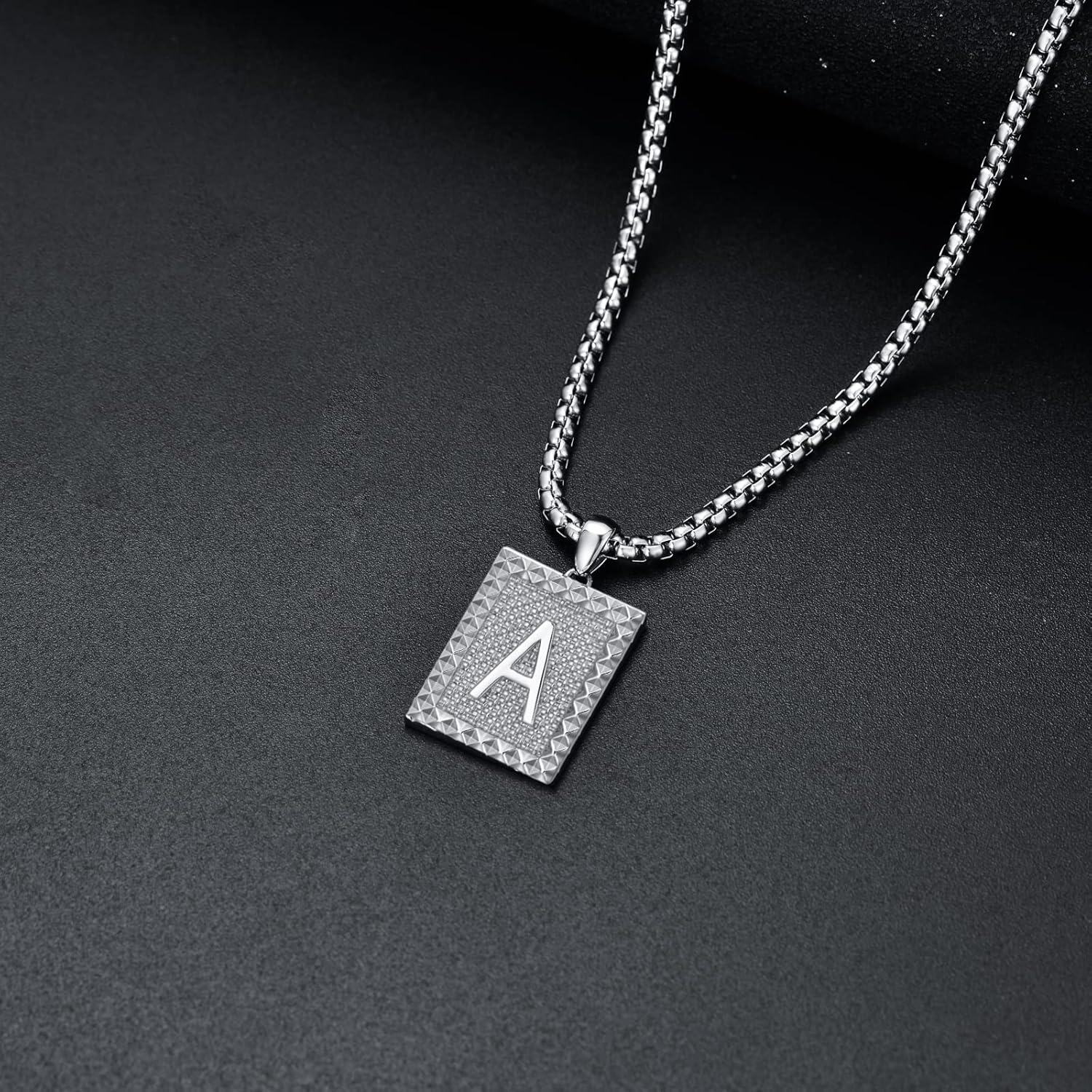 Sterling Silver A Z Alphabet Square Letter Necklace for Men Women-0-5