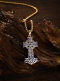 wholesale 925 Sterling Silver Plated Gold  Blue Enamel Celtic Knot Thor's Hammer Mjolnir Viking Amulet Pendant Necklace  for Men Women-0-1