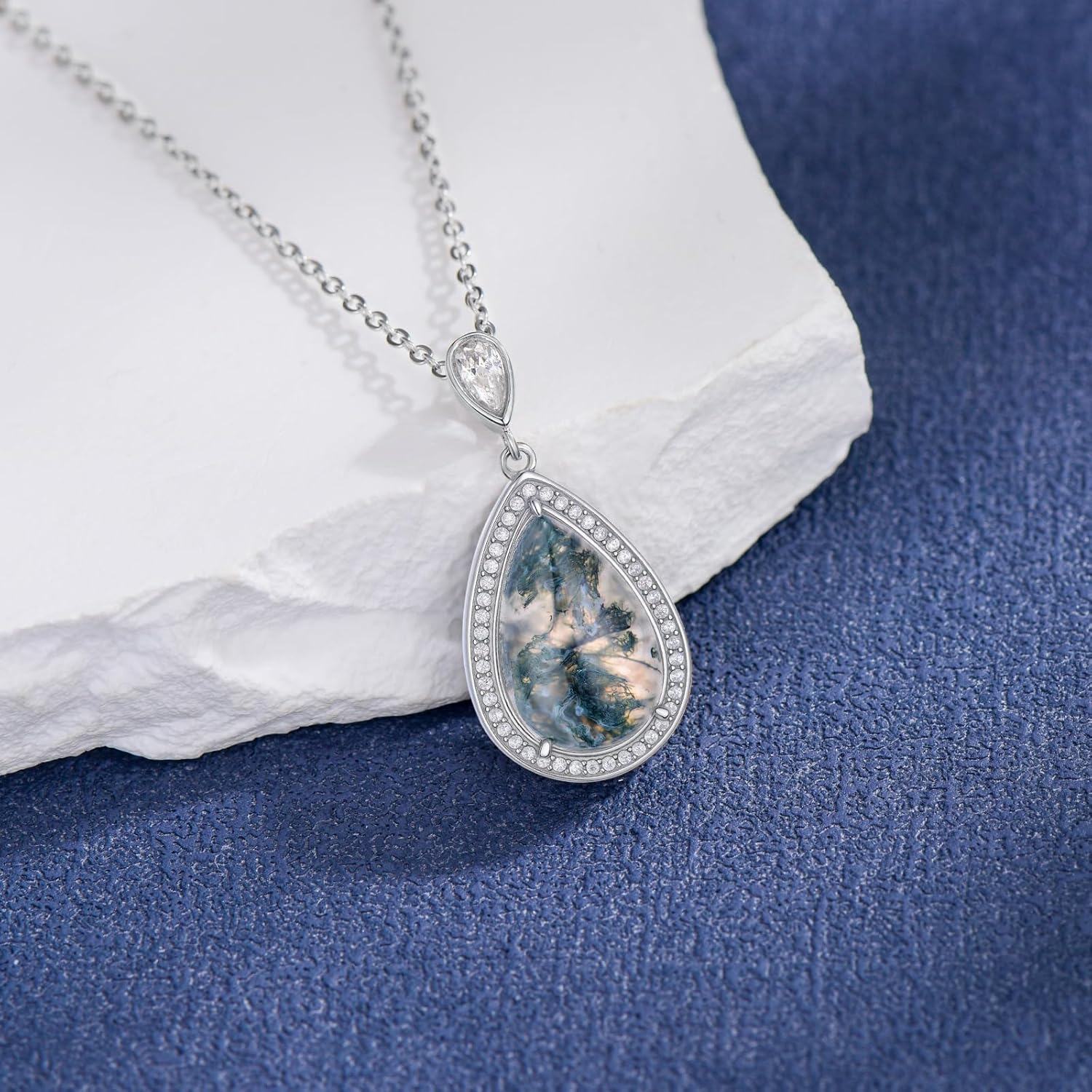 925 Sterling Silver Teardrop Moss Agate and Cubic Zirconia Halo Pendant Necklace for Women-0-1
