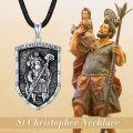 wholesale 925 Sterling Silver Saint Christopher Shield Pendant with Black Cord Chain - Religious  for Men & Women-0-5