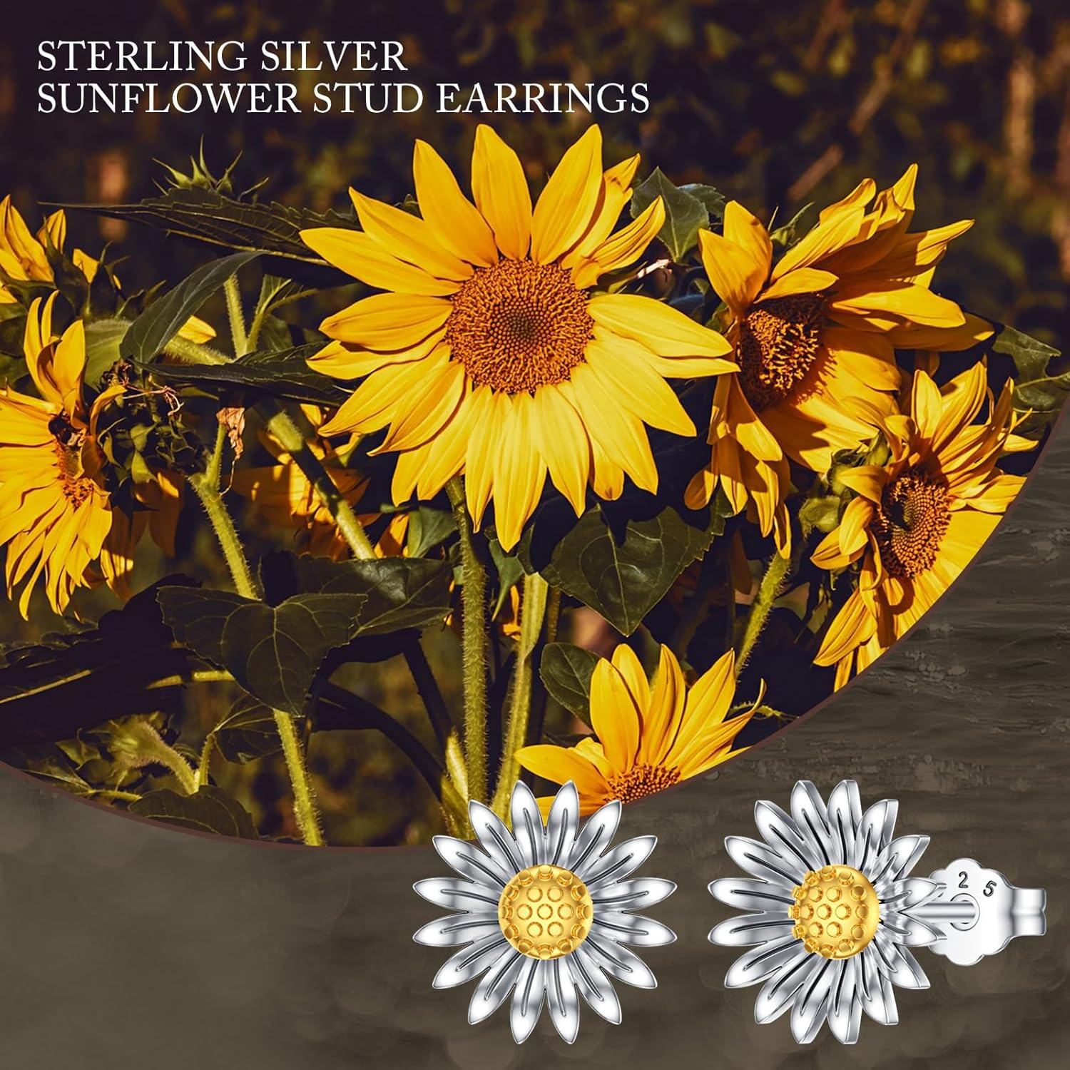 Sterling Silver Crystal Sunflower Stud Earrings Two Tone You Are My Sunshine Gift for Women Mom-0-5
