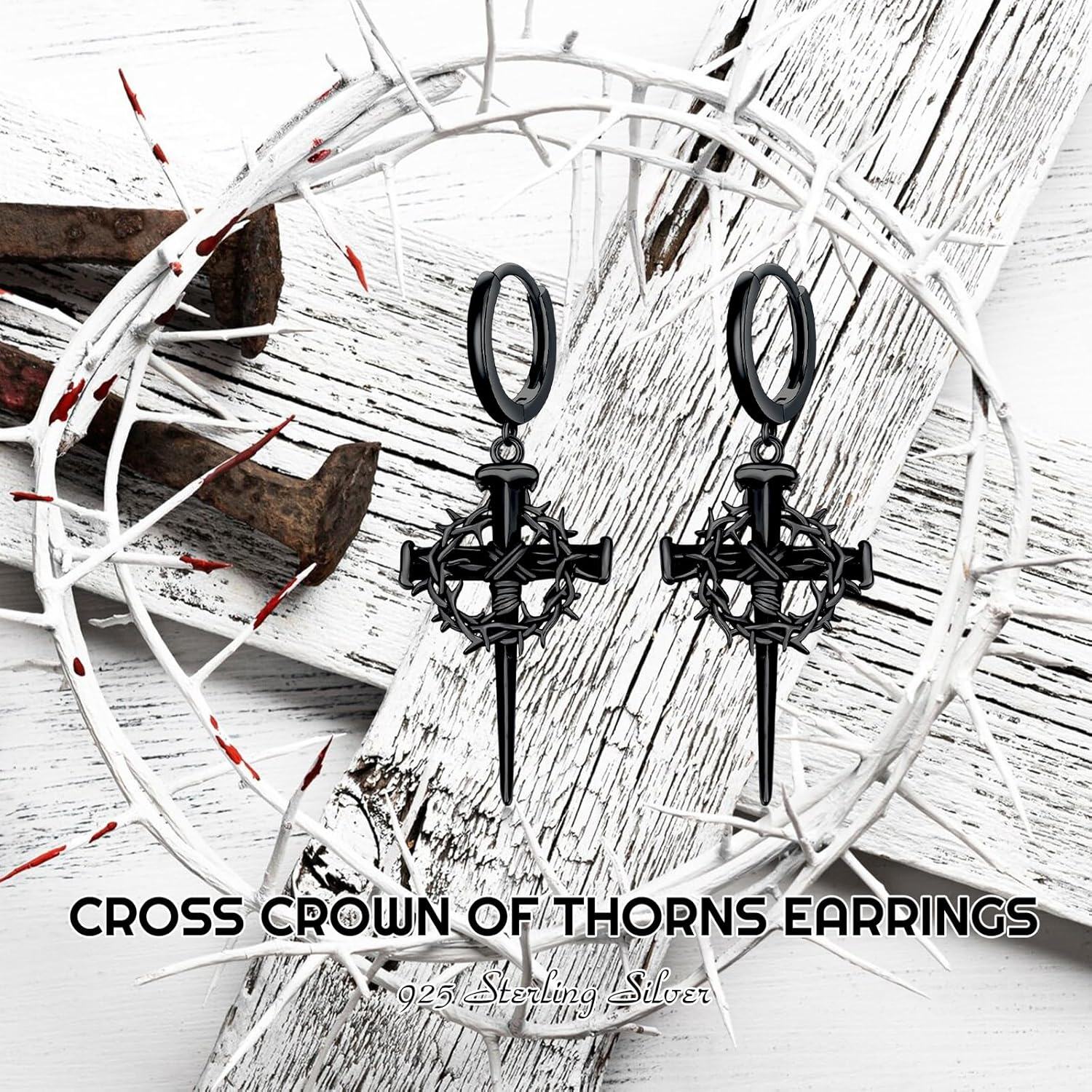 Black Stainless Steel Gothic Crown of Thorns Cross Huggie Hoop Earrings for Men-0-2