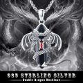 wholesale 925 Sterling Silver Gothic Red Garnet Onyx Double Headed Dragon Pendant Necklace for Men Women Gifts-0-5