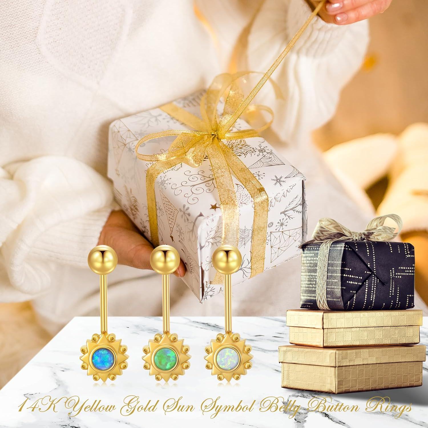14K Gold Sun Flower Dangle Belly Button Rings 14G Body Jewelry-0-5
