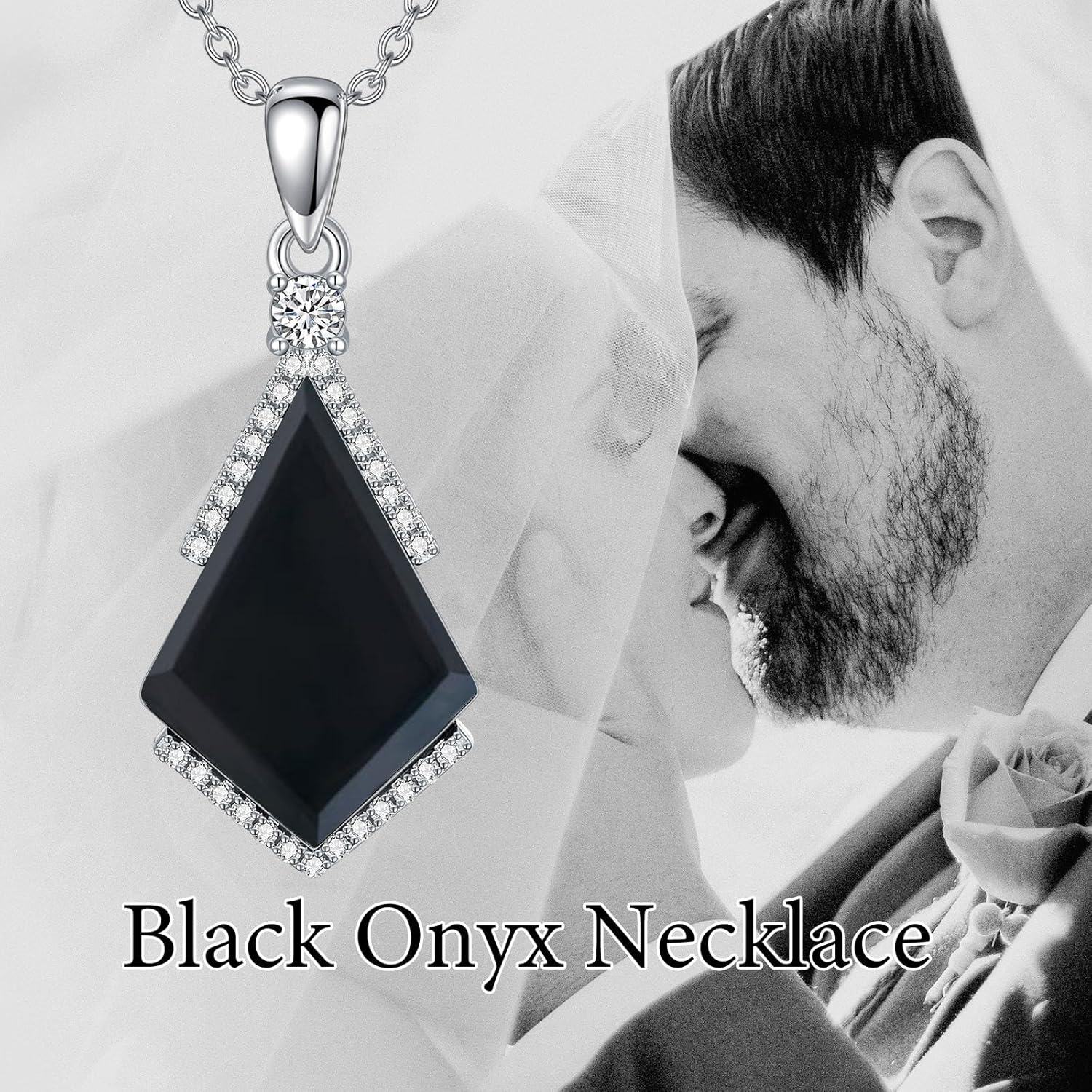 925 Sterling Silver Diamond Accent Triangle Shape Black Onyx Pendant Necklace 45cm Chain Length-0-2