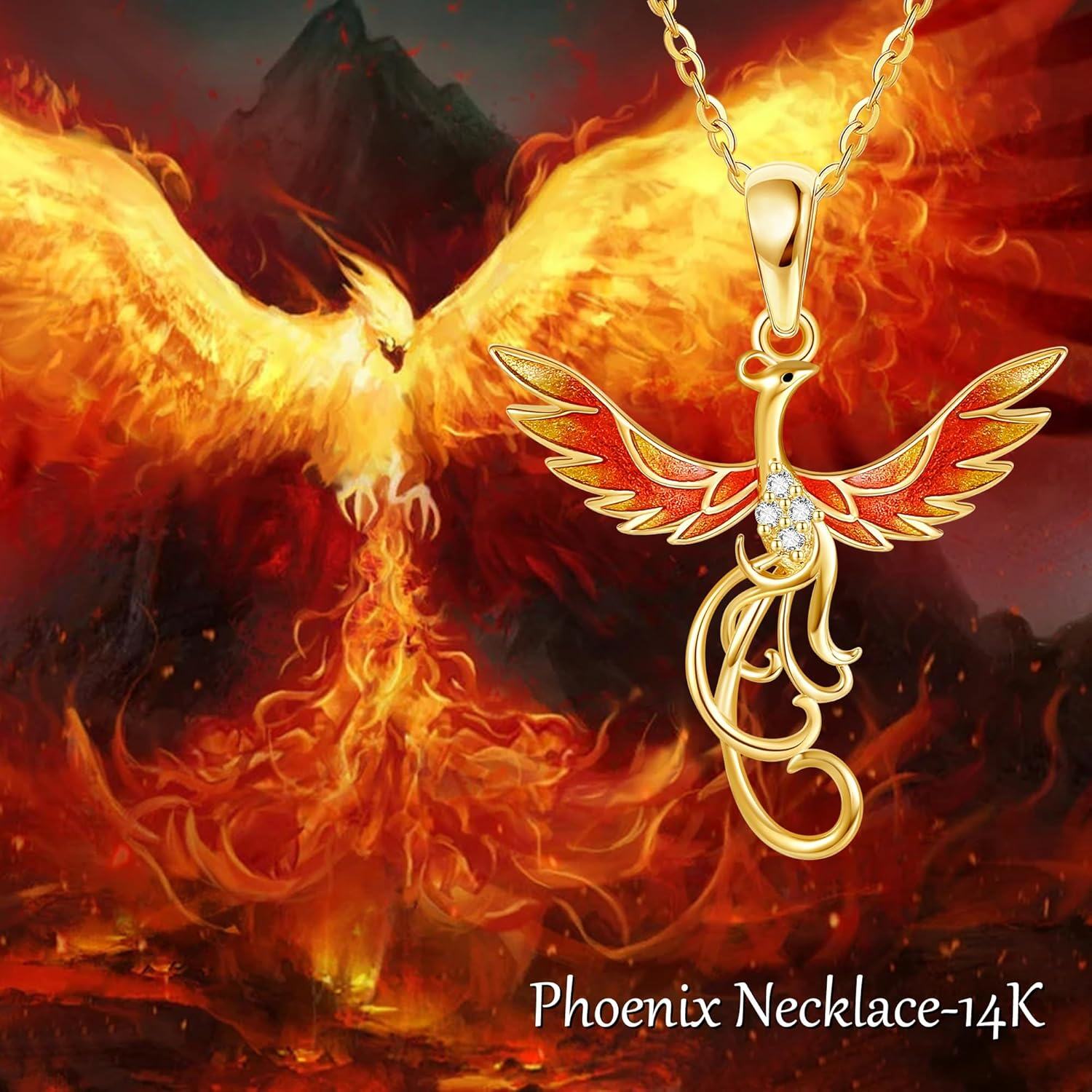 14K Gold Stone Phoenix Necklace Solid 14K Yellow Gold Nirvana Bird Jewelry Gift for Women-0-6