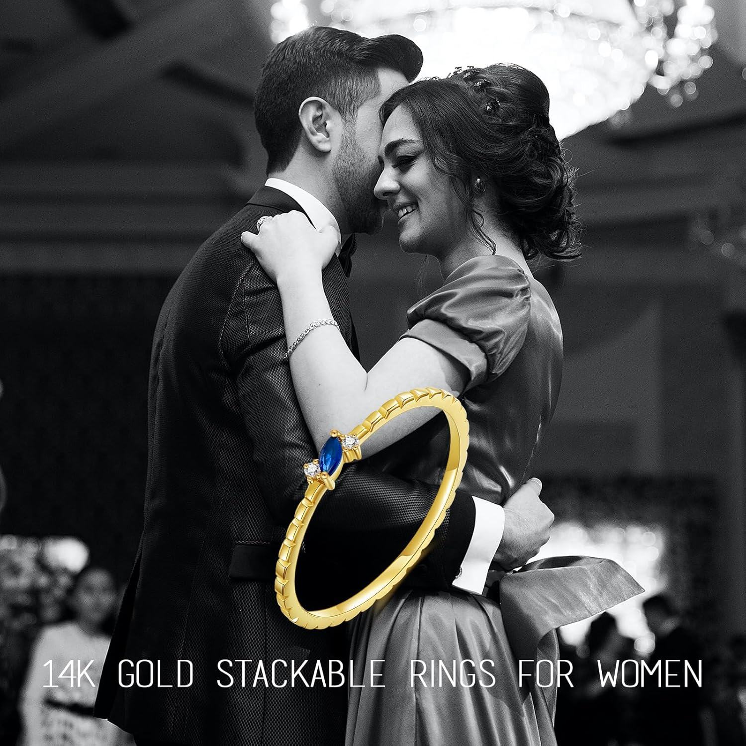 14K Yellow Gold Created Sapphire Marquise Cut Stacking Ring for Women-0-5