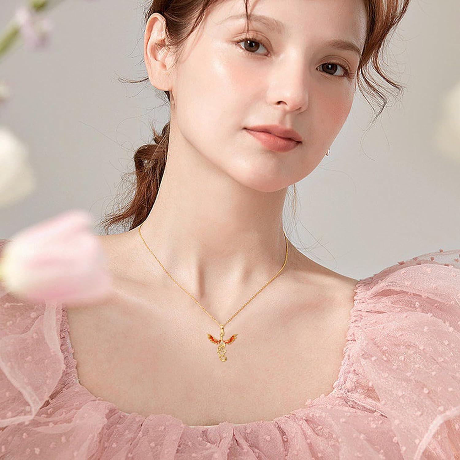 14K Gold Stone Phoenix Necklace Solid 14K Yellow Gold Nirvana Bird Jewelry Gift for Women-0-2