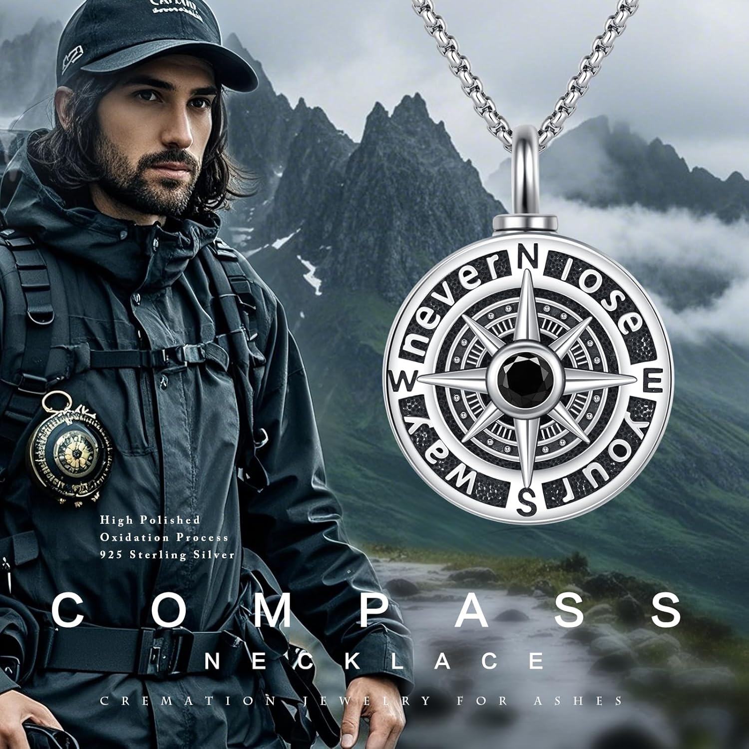 wholesale 925 Sterling Silver Compass Pendant Necklace with Stainless Steel Chain with Black Stone and Chain - Graduation Gift for Him & Her-0-3