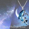 wholesale 925 Sterling Silver Blue Crystal Dolphin Pendant Necklaces with Moon and Star Charm  for Women Girls-0-1