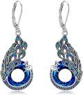wholesale 925 Sterling Silver Blue Crystal Peacock Feather Dangle Earrings, Hypoallergenic Gift for Women-0-0