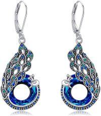 wholesale 925 Sterling Silver Blue Crystal Peacock Feather Dangle Earrings, Hypoallergenic Gift for Women-Blue Crystal