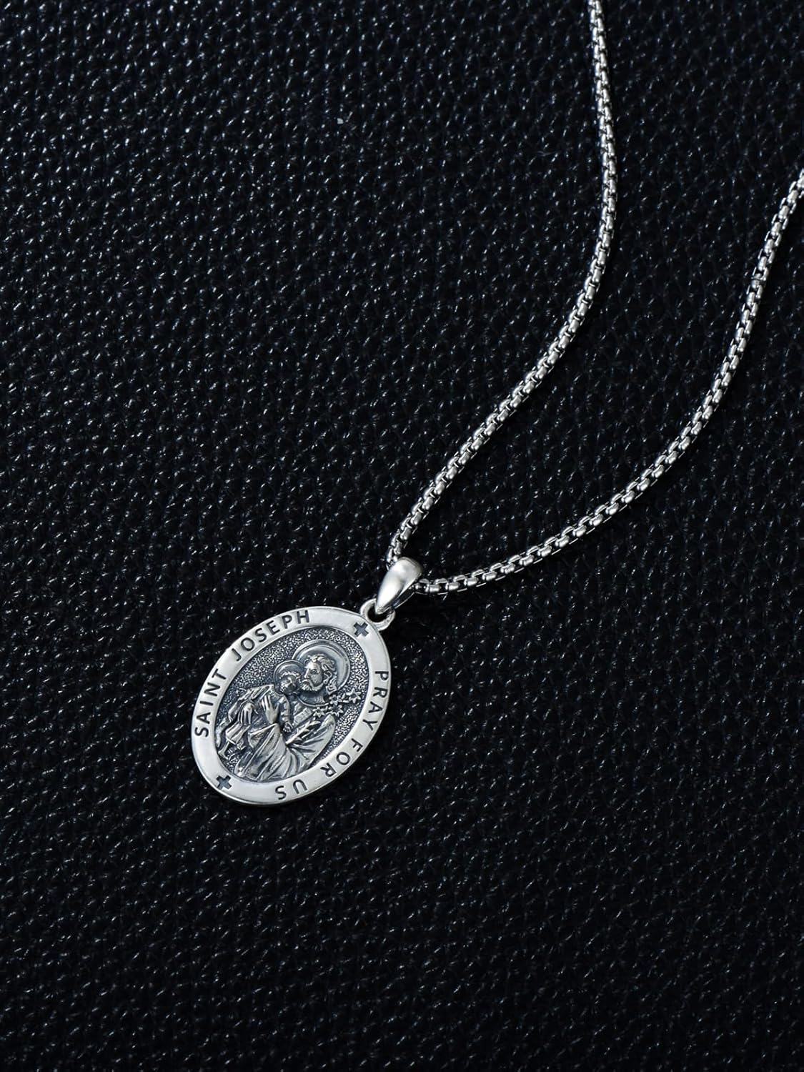 925 Sterling Silver Stainless Steel Saint Joseph Medal Pendant Necklace for Men & Women-0-2