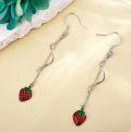 wholesale 925 Sterling Silver Red Enamel Strawberry Drop Earrings with Green Leaves and Twist Chain Design-0-2