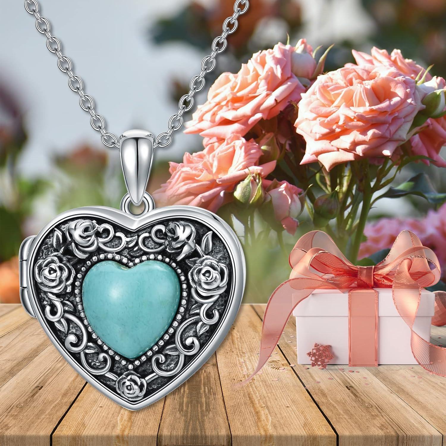 Sterling Silver Turquoise Heart Locket Necklace for Women Grandma-0-5