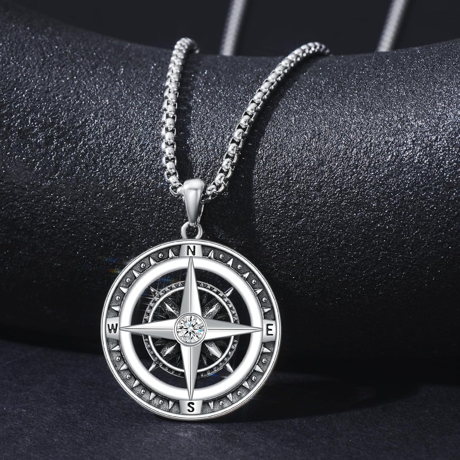 Sterling Silver Compass Necklace with Celtic Knot Skull World Map Pendant-0-2