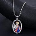 wholesale 925 Sterling Silver Oval Jesus & Mary Medal Pendant Necklace with Red and Blue Robe for Women Men Christian s 24 Chain Length-0-2