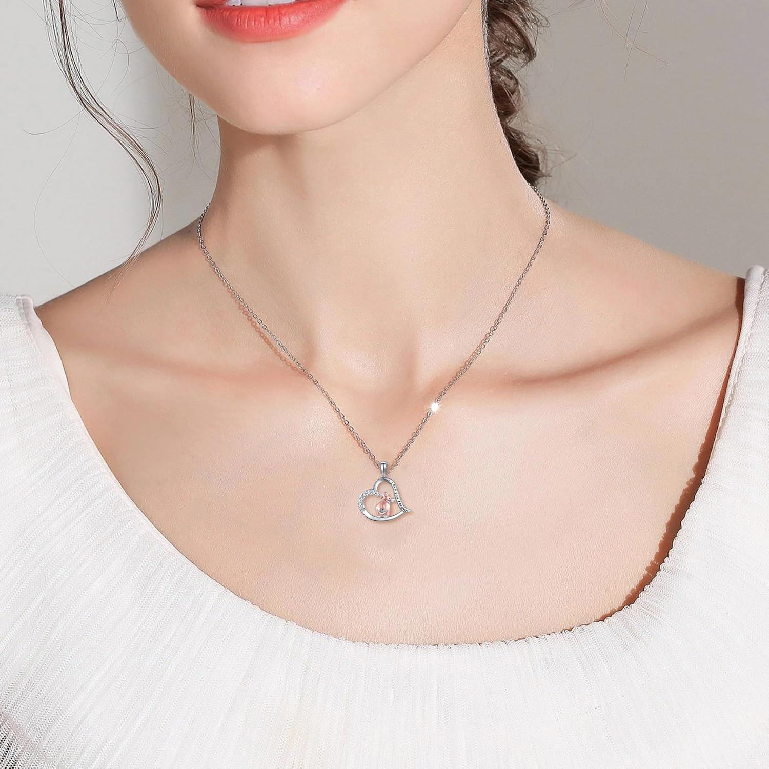 wholesale 925 Sterling Silver Heart-Shaped Kangaroo Necklace with Cubic Zirconia and Engraved Message I Love You Forever for Women Girls (Pink)-0-1