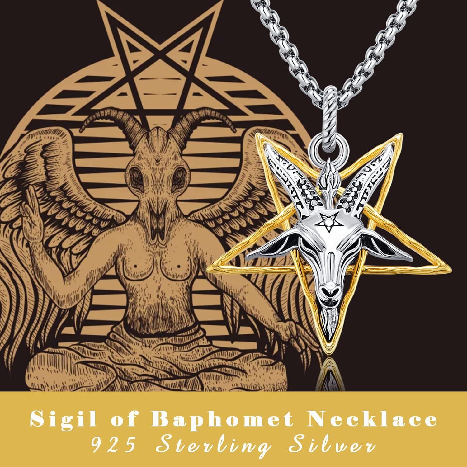 wholesale 925 Sterling Silver Satanist Baphomet Goat Head Inverted Pentagram Pendant Necklace-0-5