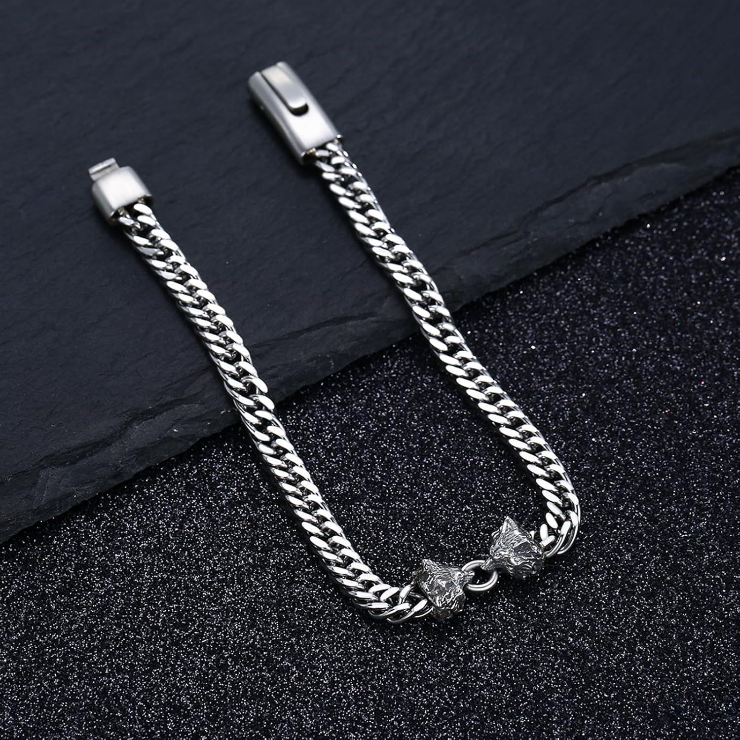 925 Sterling Silver 925 Cuban Link Chain Bracelet w/Wolf Head Clasp for Men Women - Punk Rock Style s-0-3