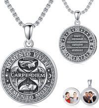 wholesale 925 Sterling Silver Gothic Skull Photo Locket Pendant Necklace with Carpe Diem Inscription and Roman Numerals - 24 inch  (Gift Box Included)-Memento Mori-2-Locket+Photos-Memento Mori-2-Locket