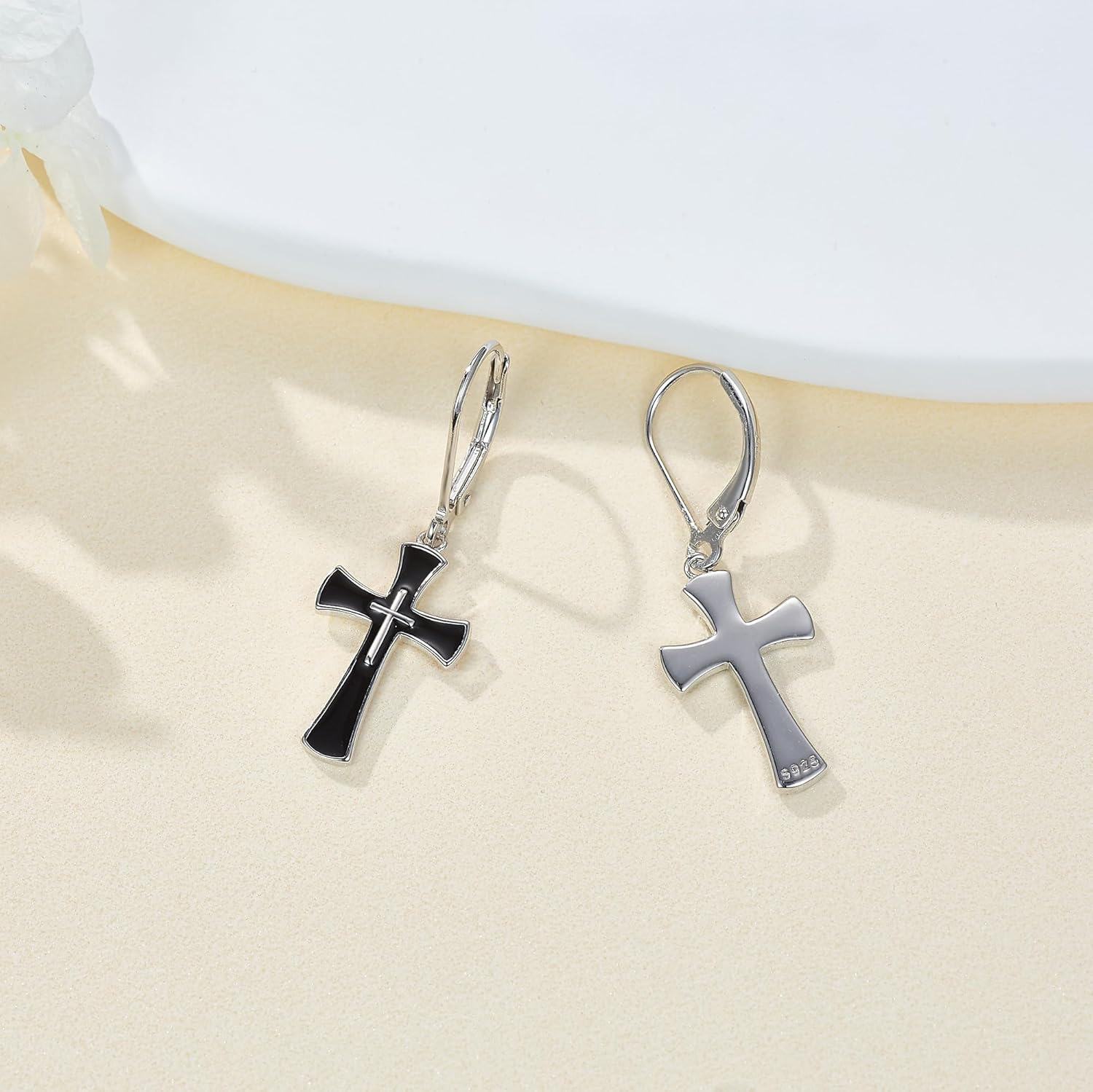 wholesale 925 Sterling Silver Black Enamel Cross Dangle Earrings for Women and Men Christian -0-2