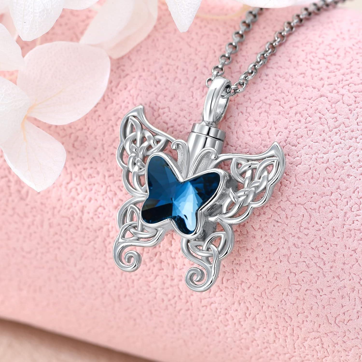 925 Sterling Silver Blue Crystal Butterfly Wing Keepsake Pendant Necklace w/Filler Kit-0-3
