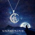 wholesale 925 Sterling Silver CZ Howling Wolf in Crescent Moon Pendant Necklace for Women Girls -0-1