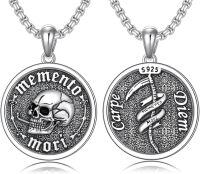 wholesale 925 Sterling Silver Memento Mori Skull Pendant Necklace with Carpe Diem and Snake Design on 24-inch Chain-Memento Mori-2