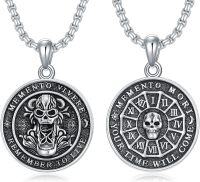 wholesale 925 Sterling Silver Gothic Skull Memento Mori Pendant Necklace with Roman Numerals and Remember to Live Inscription - 22+2 inch  Stoic s for Men & Women-Memento Mori-3