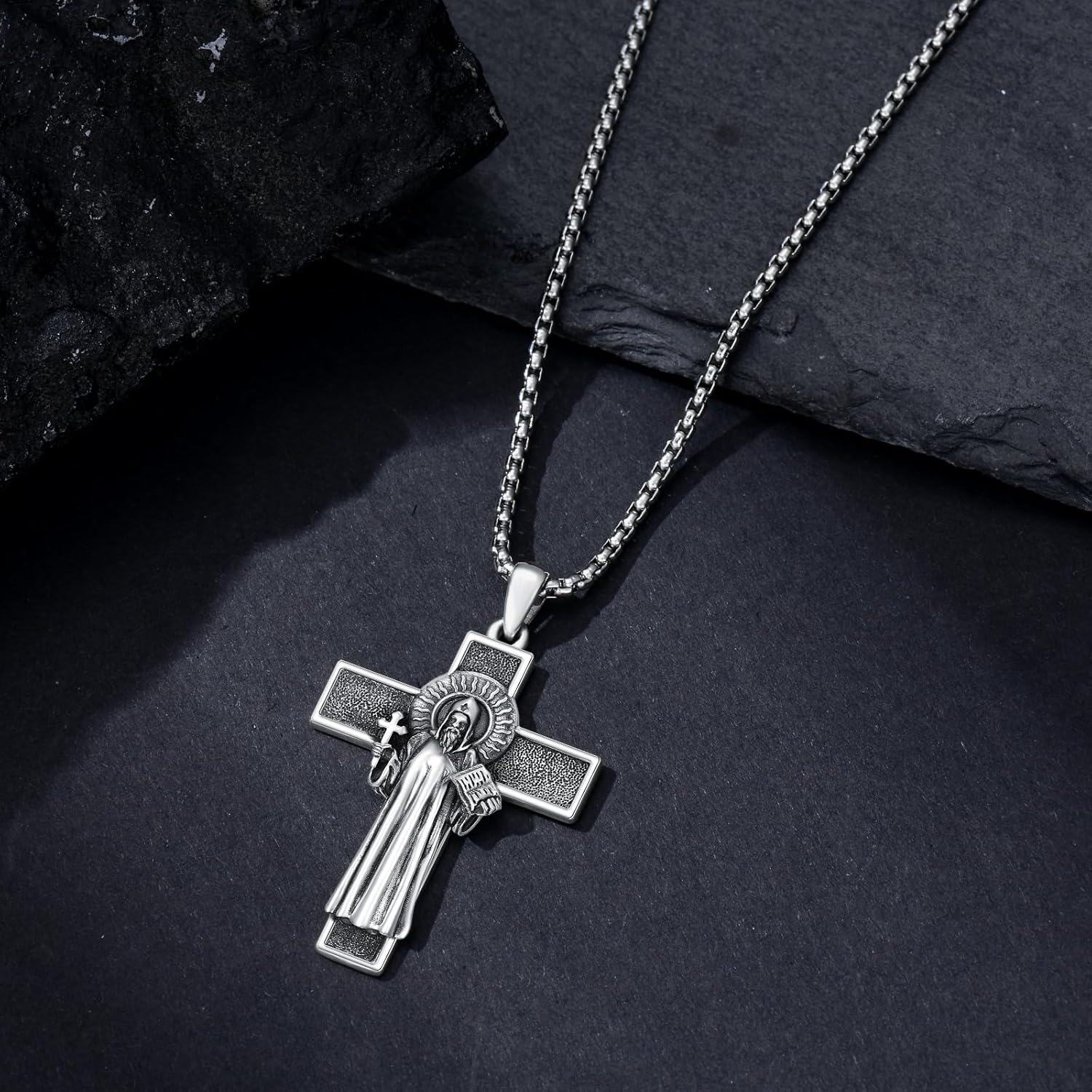 wholesale 925 Sterling Silver Saint Benedict Cross Pendant Necklace with Stainless Steel Chain with Chain - Religious Protection Charm Jewelry for Men-0-3