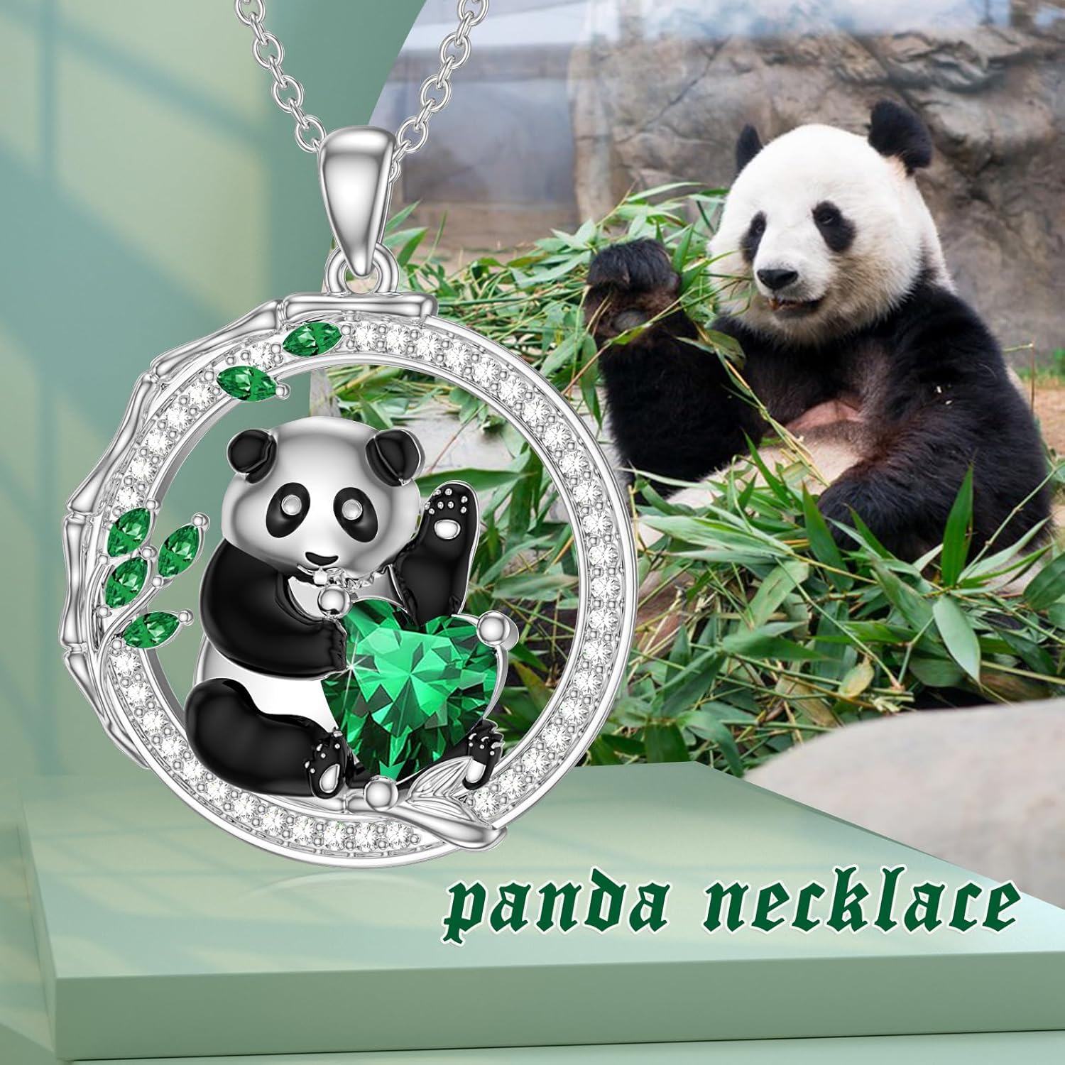 925 Sterling Silver Green Crystal Panda Love Heart Pendant Necklace for Women-0-2