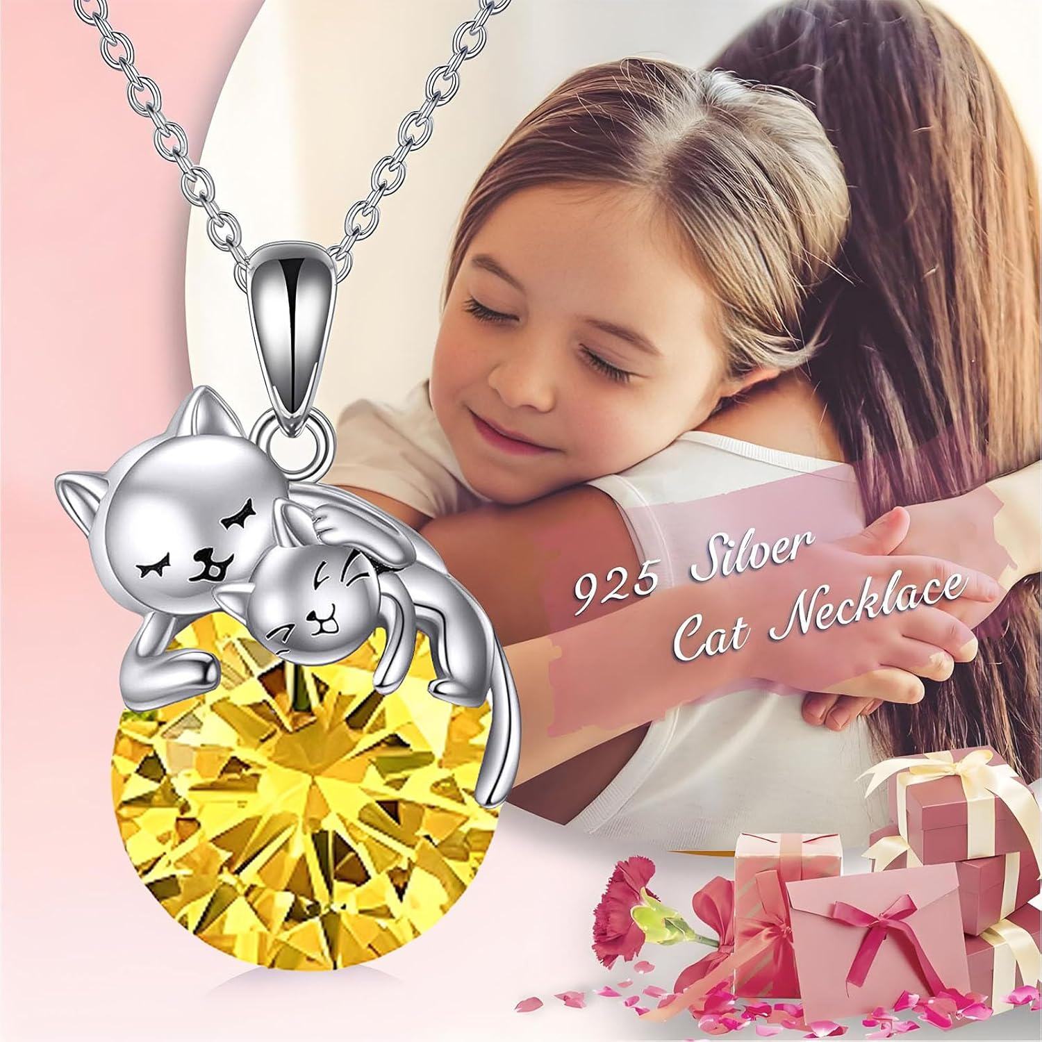 925 Sterling Silver Yellow Crystal Cats Pendant Necklace for Women-0-5