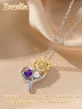 wholesale S925 Sterling Silver Sunflower Necklace with 1Ct Amethyst & Simulated Diamond, 18 Chain, Love Heart Pendant, Birthstone Gift for Women-0-1