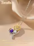 wholesale S925 Sterling Silver Sunflower Necklace Wholesale with 1Ct Amethyst & Simulated Diamond, 18 Chain, Love Heart Pendant, Birthstone Gift for Women-0-1