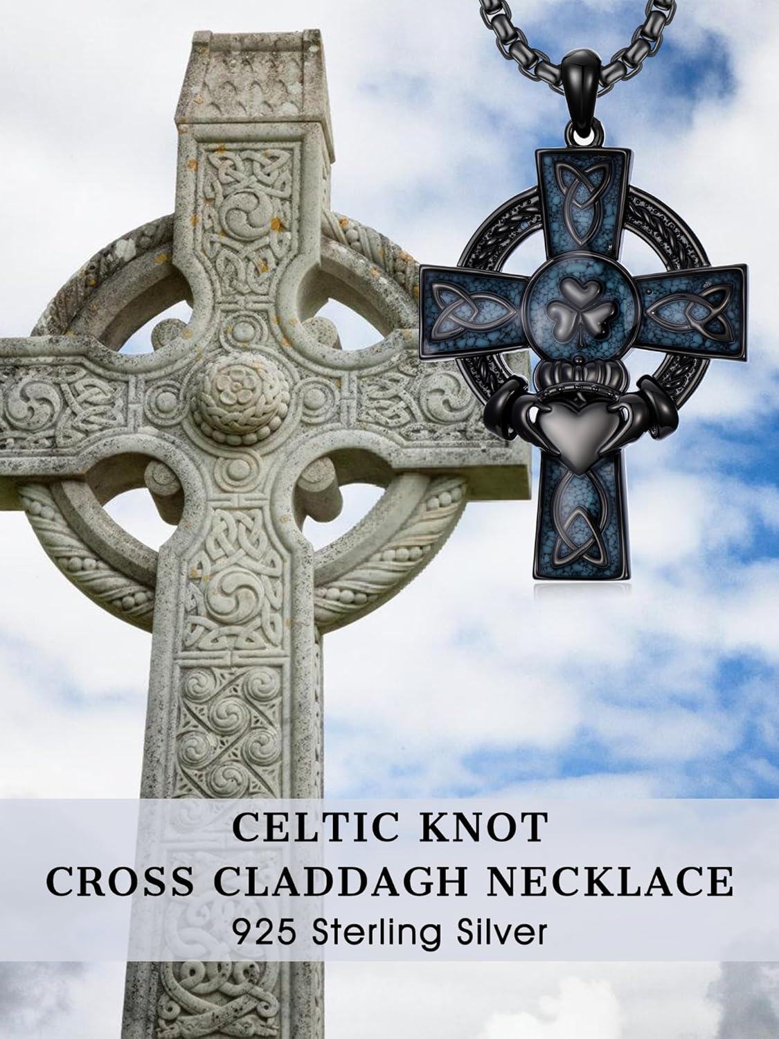 925 Sterling Silver Celtic Knot Trinity Shamrock Cross Pendant Necklace for Men & Women - Protection Amulet Religious Jewelry w/ 24 Rolo Chain (Gift Box Included)-0-4