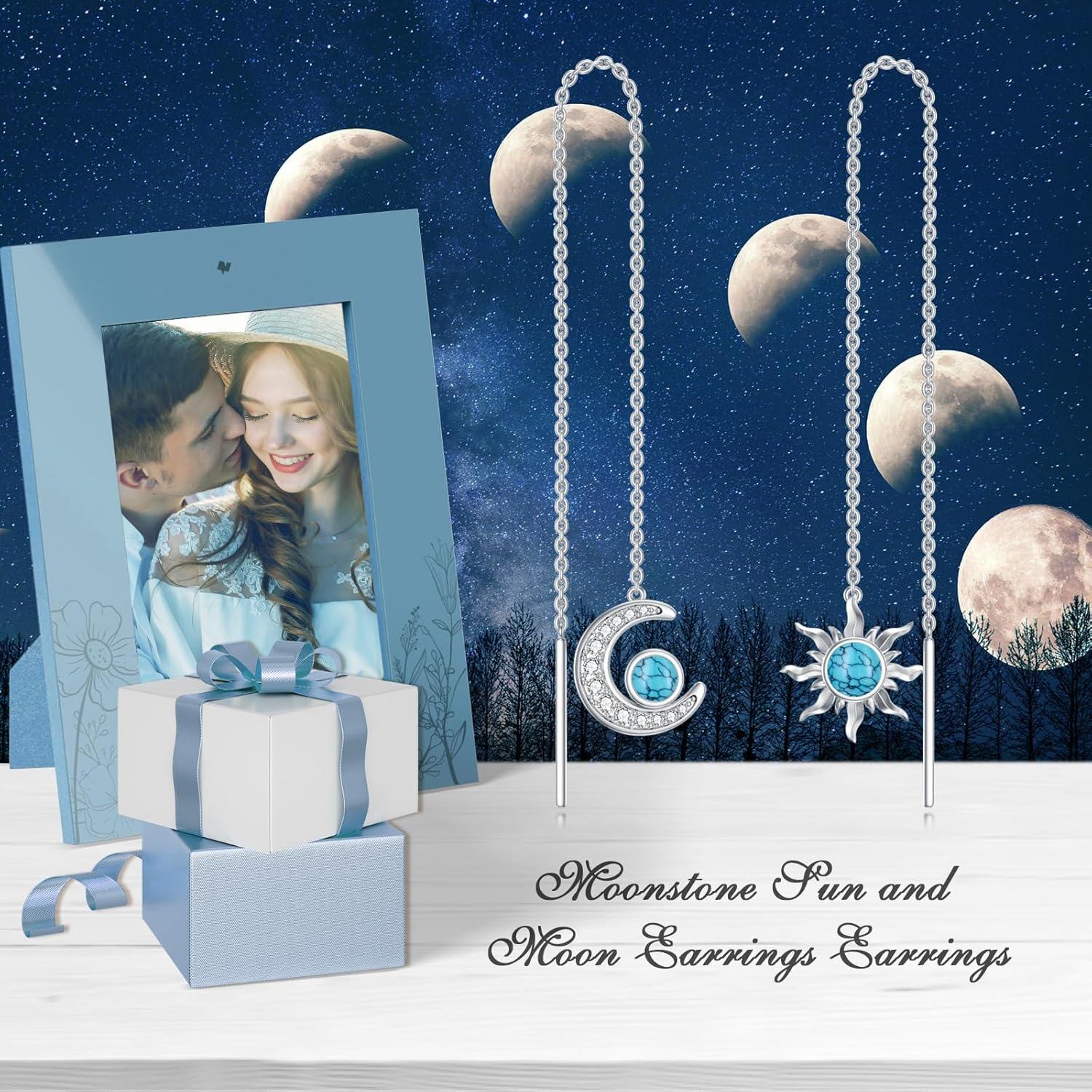 925 Sterling Silver Turquoise Sun & Moon Threader Dangle Earrings-0-5