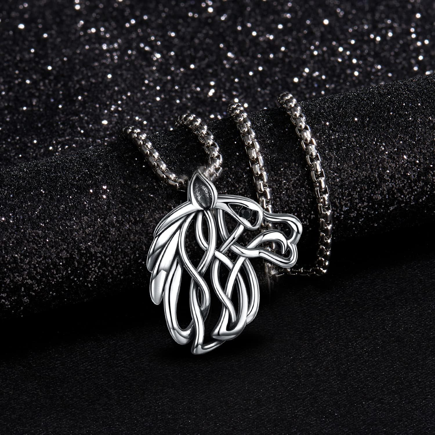 wholesale 925 Sterling Silver Horse Head Necklace with Black CZ Eyes and Celtic Knot Design - 30+2 Extender Chain-0-3