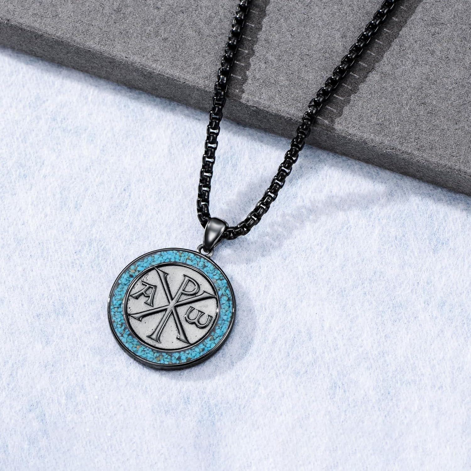 wholesale 925 Sterling Silver Blue Stone Masonic Chi Rho Pendant Necklace for Men Women Gifts-0-5