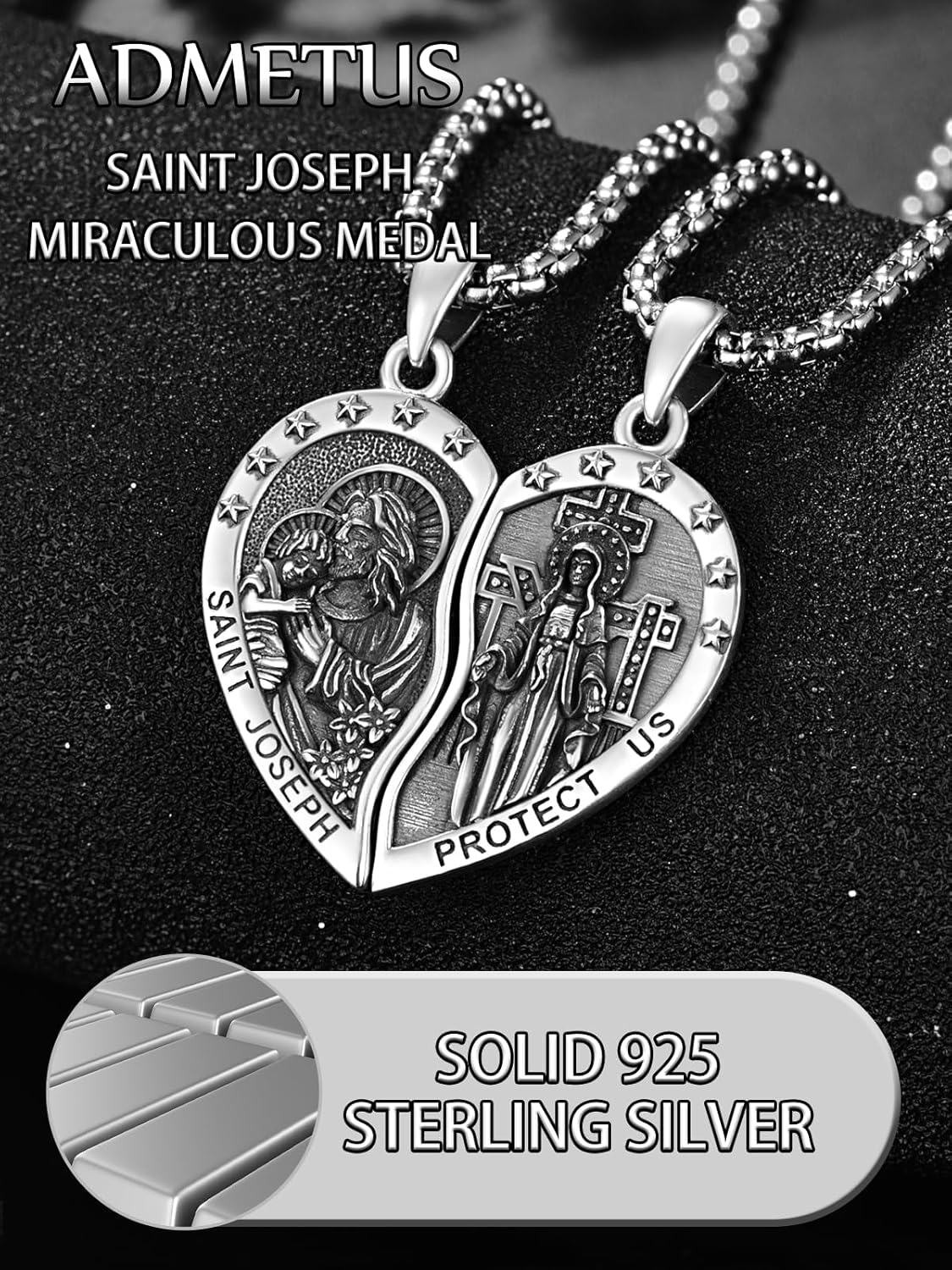 925 Sterling Silver Saint Joseph and Mary Couples Necklace Set Religious  for Men Women-0-4
