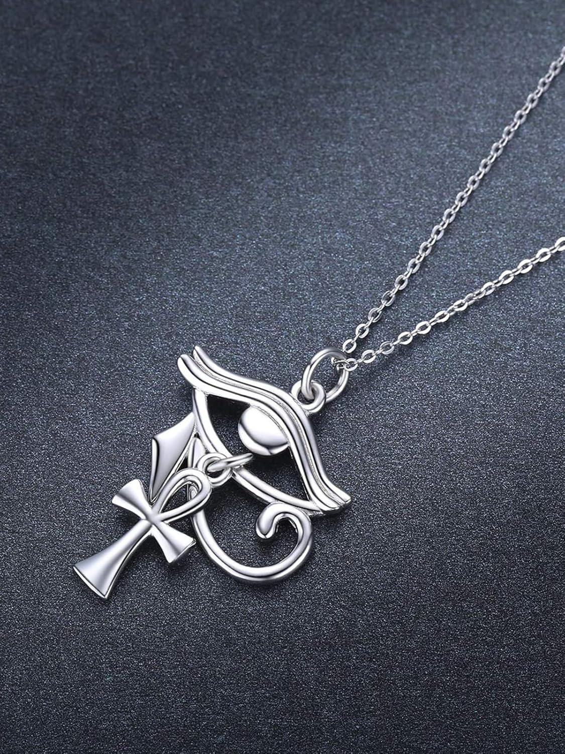 Sterling Silver Eye of Horus with Ankh Pendant Necklace for Women Men-0-4